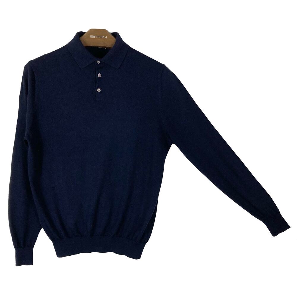SUITSUPPLY Sweater Men L Navy-Blue Merino-Wool Italy Collared Henley Long-Sleeve